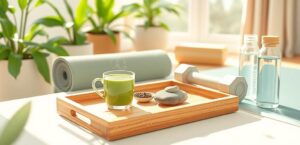 Een afbeelding van een theekopje met matcha, fitnessapparatuur en een fysiotherapie omgeving