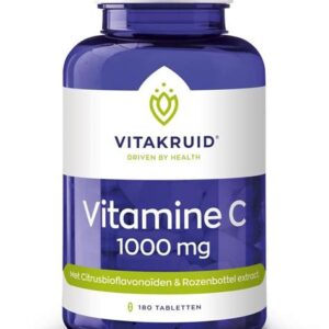 Fles van Vitakruid Vitamine C 1000 mg supplement op een witte achtergrond. Het etiket toont de tekst "Vitamine C 1000 mg" en "Met Citrusbioflavonoïden & Rozenbottel extract".
