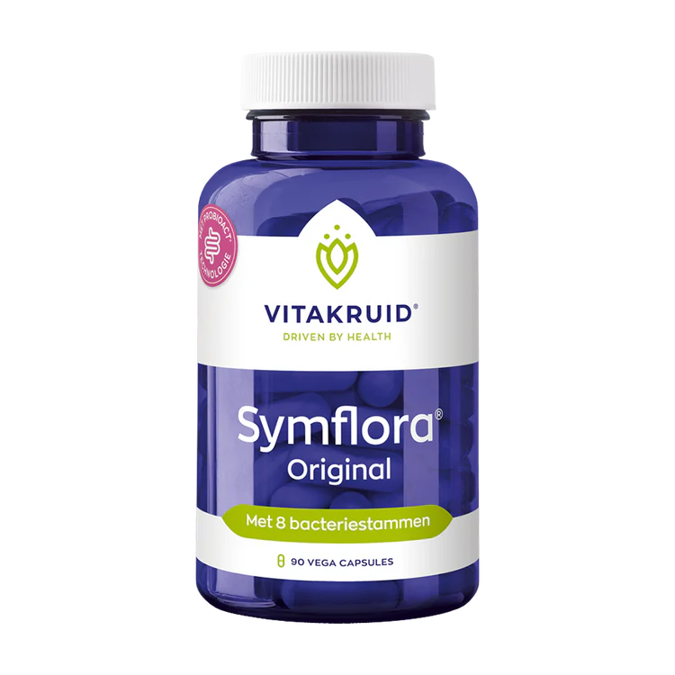 Paars potje Vitakruid Symflora Original, een probiotica supplement met 8 bacteriestammen, 90 vega capsules