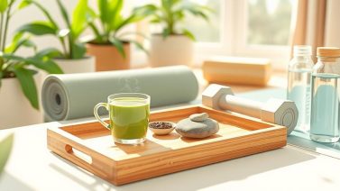 Een afbeelding van een theekopje met matcha, fitnessapparatuur en een fysiotherapie omgeving