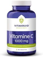 Fles van Vitakruid Vitamine C 1000 mg supplement op een witte achtergrond. Het etiket toont de tekst "Vitamine C 1000 mg" en "Met Citrusbioflavonoïden & Rozenbottel extract".