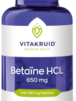 Paars potje Vitakruid Betaïne HCL 650 mg, een supplement met 160 mg Pepsine, 120 tabletten